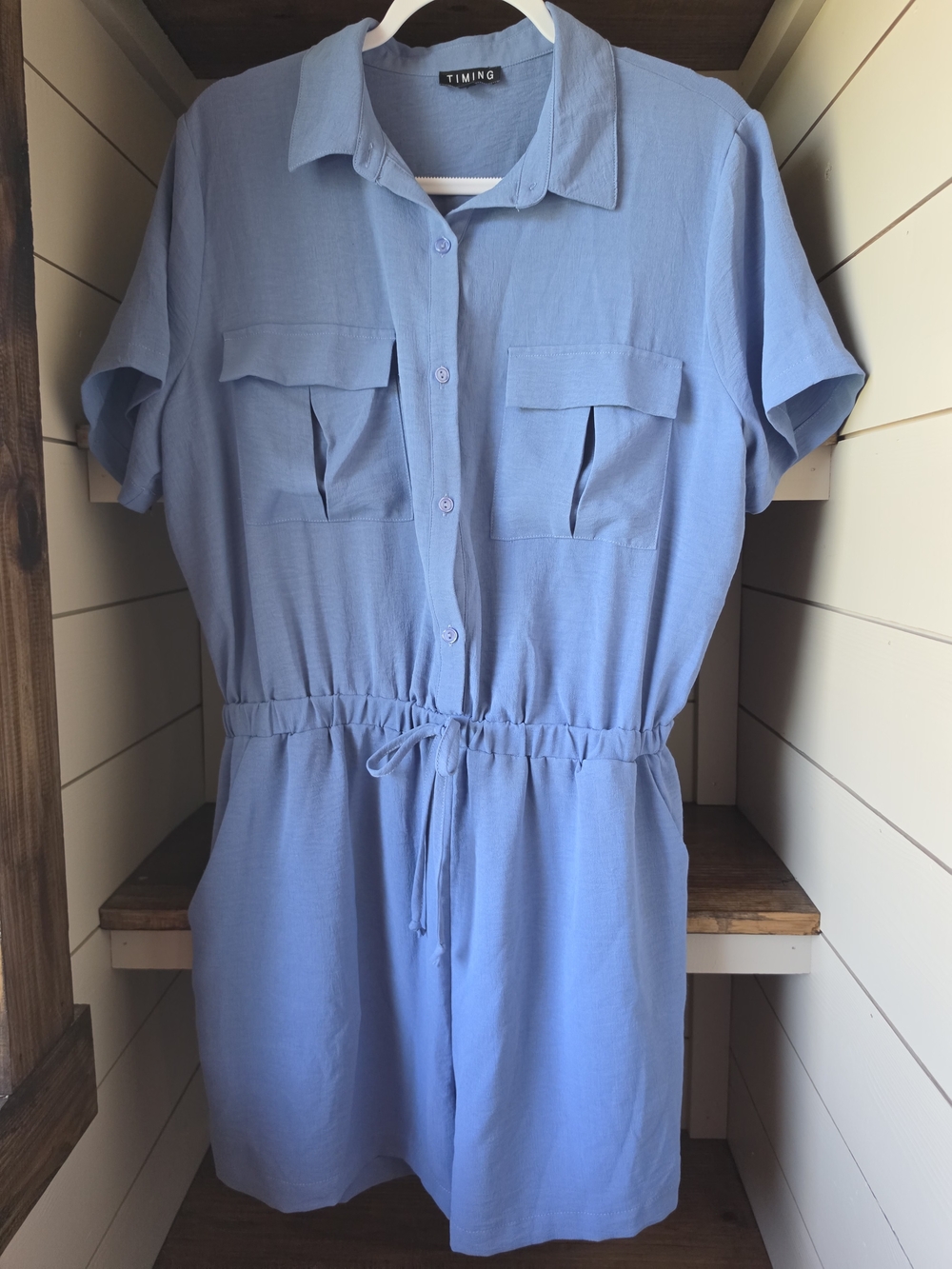 Timing Light Blue Short-Sleeve Utility Romper with Drawstring